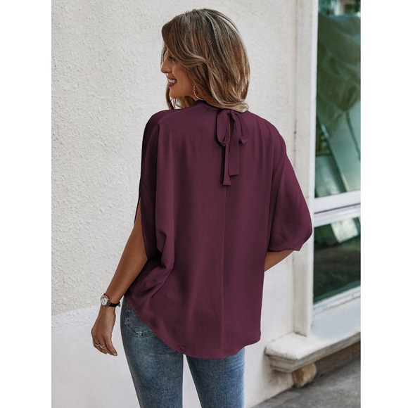 Burgundy Blouse Top Flowy, High Neck - Picture 5 of 11